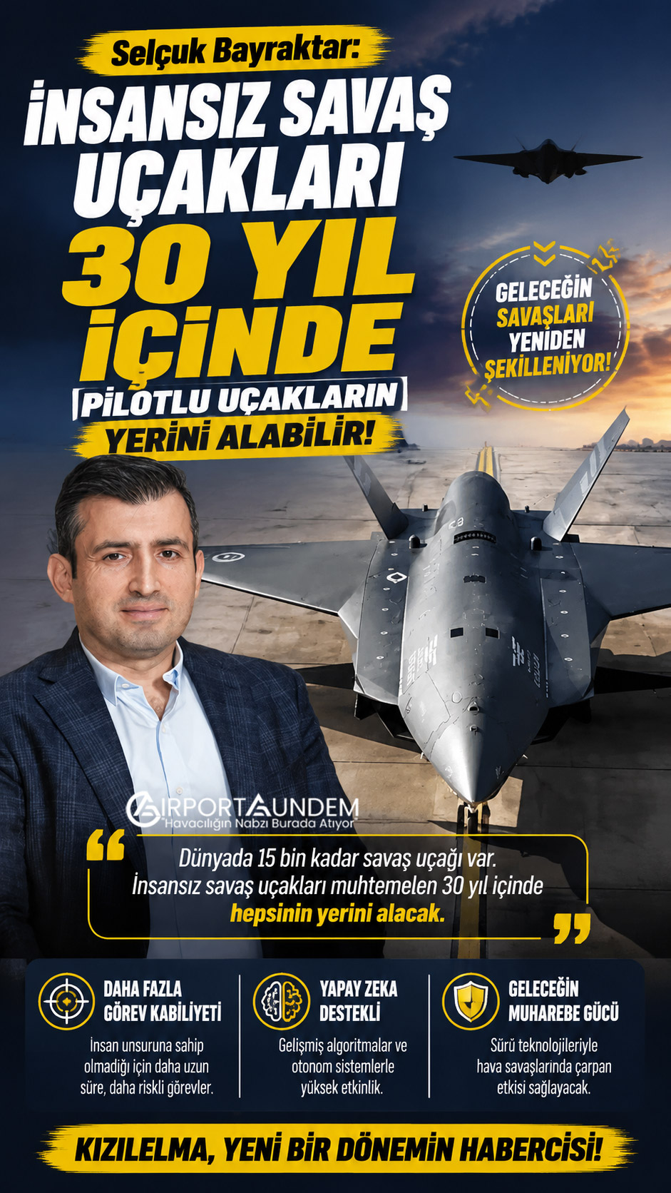 Selçuk Bayraktar, NATO heyeti ziyaretinde KIZILELMA ve insansız savaş uçaklarının 30 yıl içinde pilotlu uçakların yerini alabileceğini söyledi.