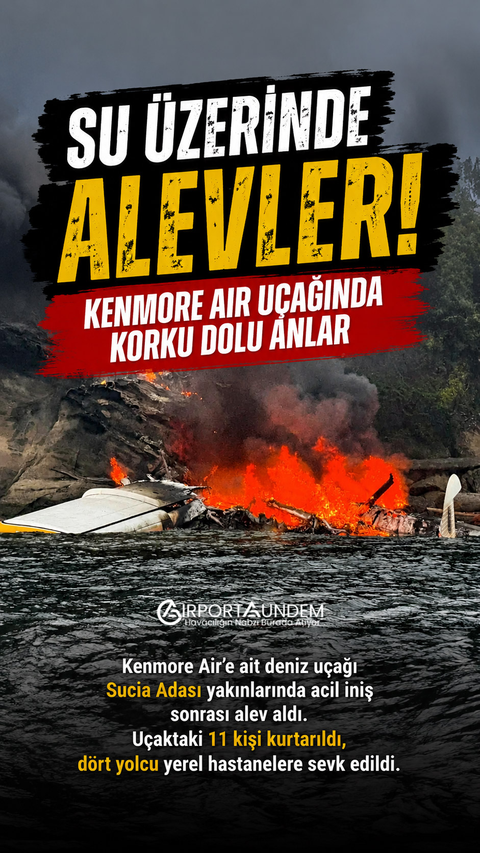 Sucia Adası yakınlarında acil iniş yaptıktan sonra su üzerinde alev alan Kenmore Air deniz uçağı