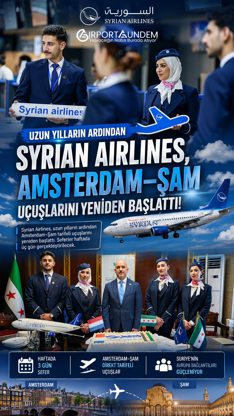 Syrian Airlines Amsterdam Uçuşlarını Yeniden Başlattı 1 Havacılık Haberleri Syrian Airlines Syrian Airlines, uzun yıllar sonra Amsterdam-Şam tarifeli uçuşlarını yeniden başlattı. Haftada üç frekansla gerçekleştirilecek seferler Avrupa bağlantılarını güçlendirecek.