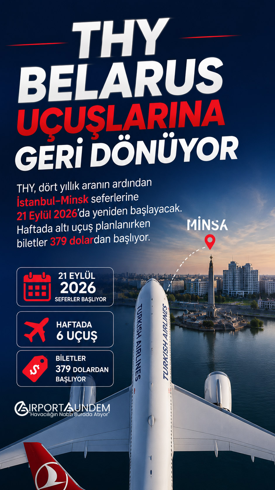 Türk Hava Yolları İstanbul–Minsk seferlerini 21 Eylül 2026’da yeniden başlatıyor