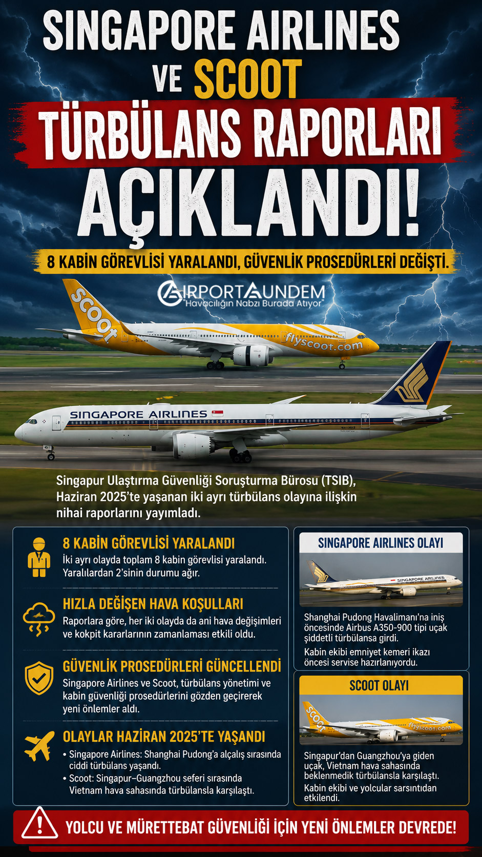 Türbülans Sonrası Güvenlik Prosedürleri Değişti 1 Havacılık Haberleri Türbülans TSIB raporlarına göre Singapore Airlines ve Scoot uçuşlarında yaşanan iki türbülans olayında 8 kabin görevlisi yaralandı. Havayolları güvenlik prosedürlerini güncelledi.