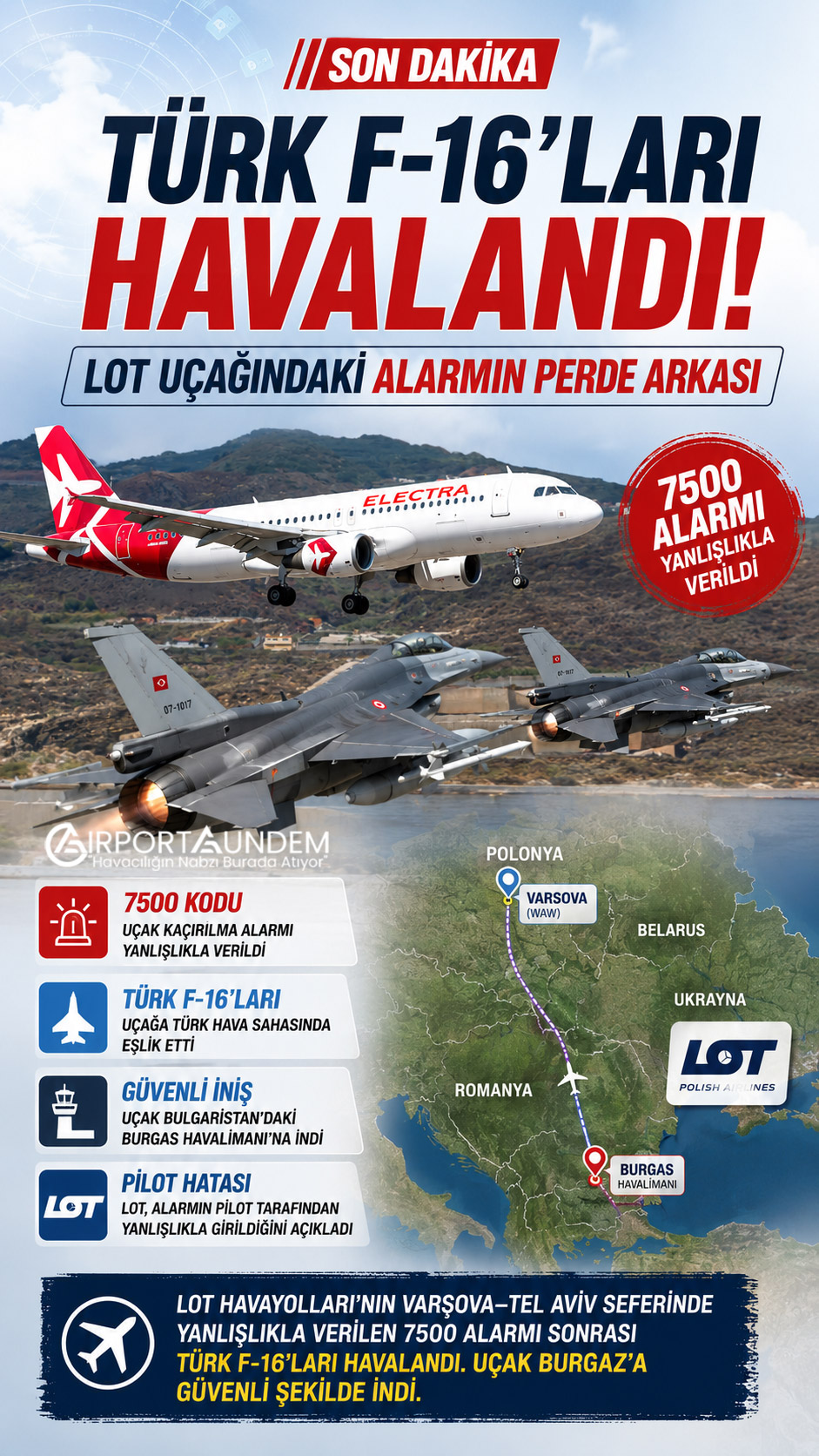 LOT Havayolları'nın Varşova–Tel Aviv seferinde yanlışlıkla verilen 7500 alarmı sonrası Türk F-16'ları havalandı. Uçak Burgaz'a güvenli şekilde indi.