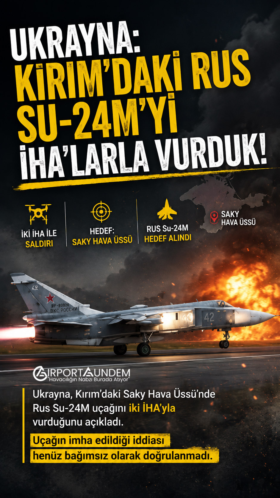 Ukrayna İHA’sının Kırım’daki Saky Hava Üssü’nde bulunan Rus Su-24M bombardıman uçağına yaklaştığı görüntü