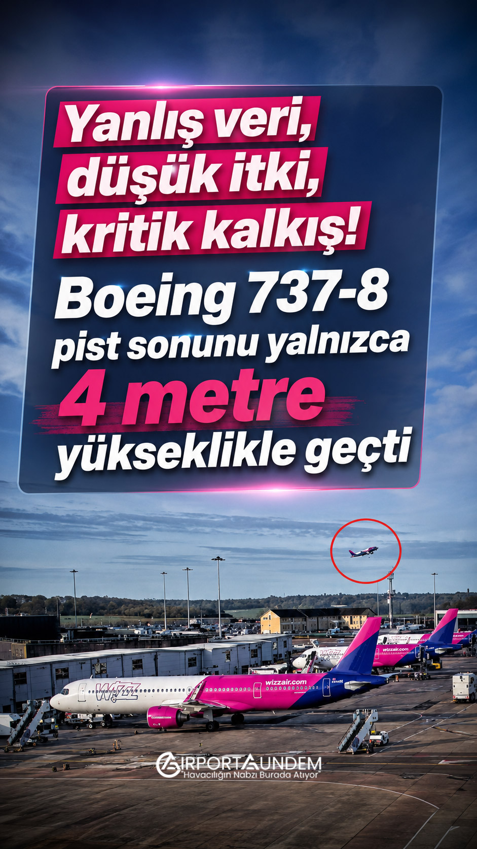 Wizz Air UK adına uçan G-CRUX tescilli Boeing 737-8’in Luton Havalimanı’ndaki kritik kalkışı