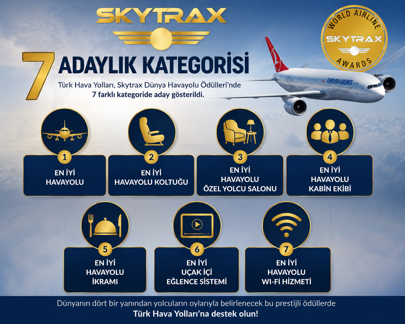 THY'den Skytrax Atağı! 7 Prestijli Ödüle Aday Oldu 1 Havacılık Haberleri THY Türk Hava Yolları’nın Skytrax Dünya Havayolu Ödülleri’nde yedi kategoride aday gösterilmesi