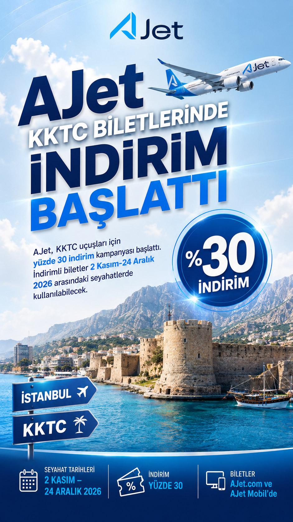 AJet KKTC Biletlerinde İndirim Başlattı 1 Ajet Hava Yolları Haberleri AJet AJet’in Kuzey Kıbrıs Türk Cumhuriyeti uçuşlarına özel yüzde 30 indirim kampanyası
