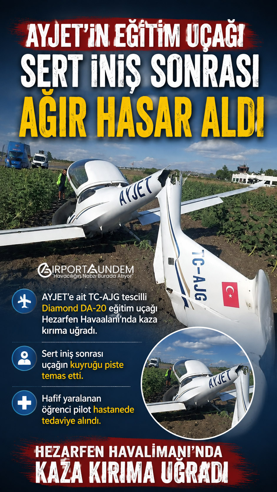 AYJET TC-AJG tescilli Diamond DA20 eğitim uçağı Hezarfen Havaalanı