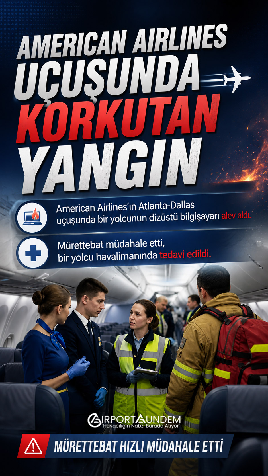 American Airlines uçuşunda dizüstü bilgisayarın alev almasının ardından kabin ekibinin müdahale ettiği uçak