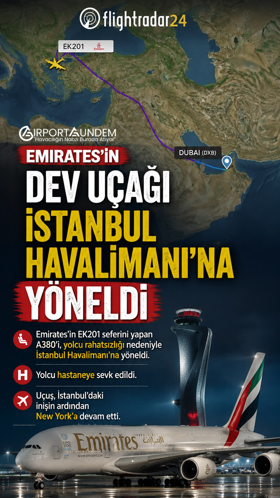 Yolcu rahatsızlığı nedeniyle İstanbul Havalimanı’na inen Emirates Airbus A380 uçağı