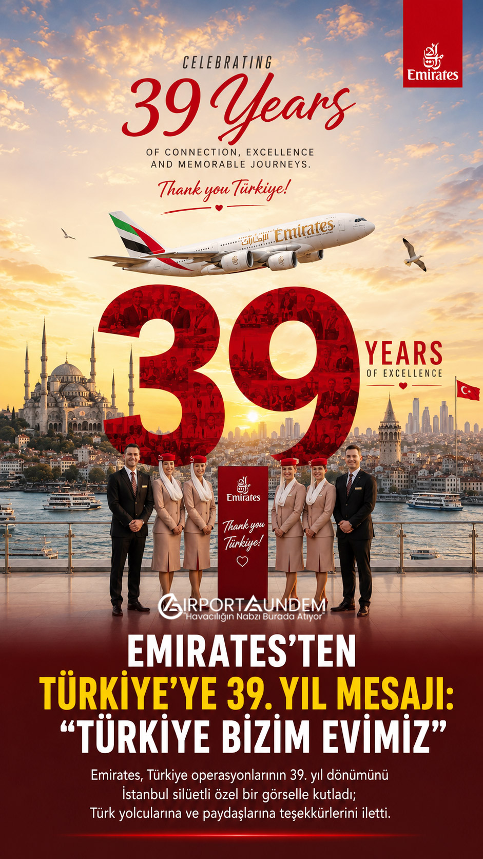 Emirates’in Türkiye operasyonlarının 39. yıl dönümü için İstanbul silüetiyle hazırladığı özel kutlama görseli