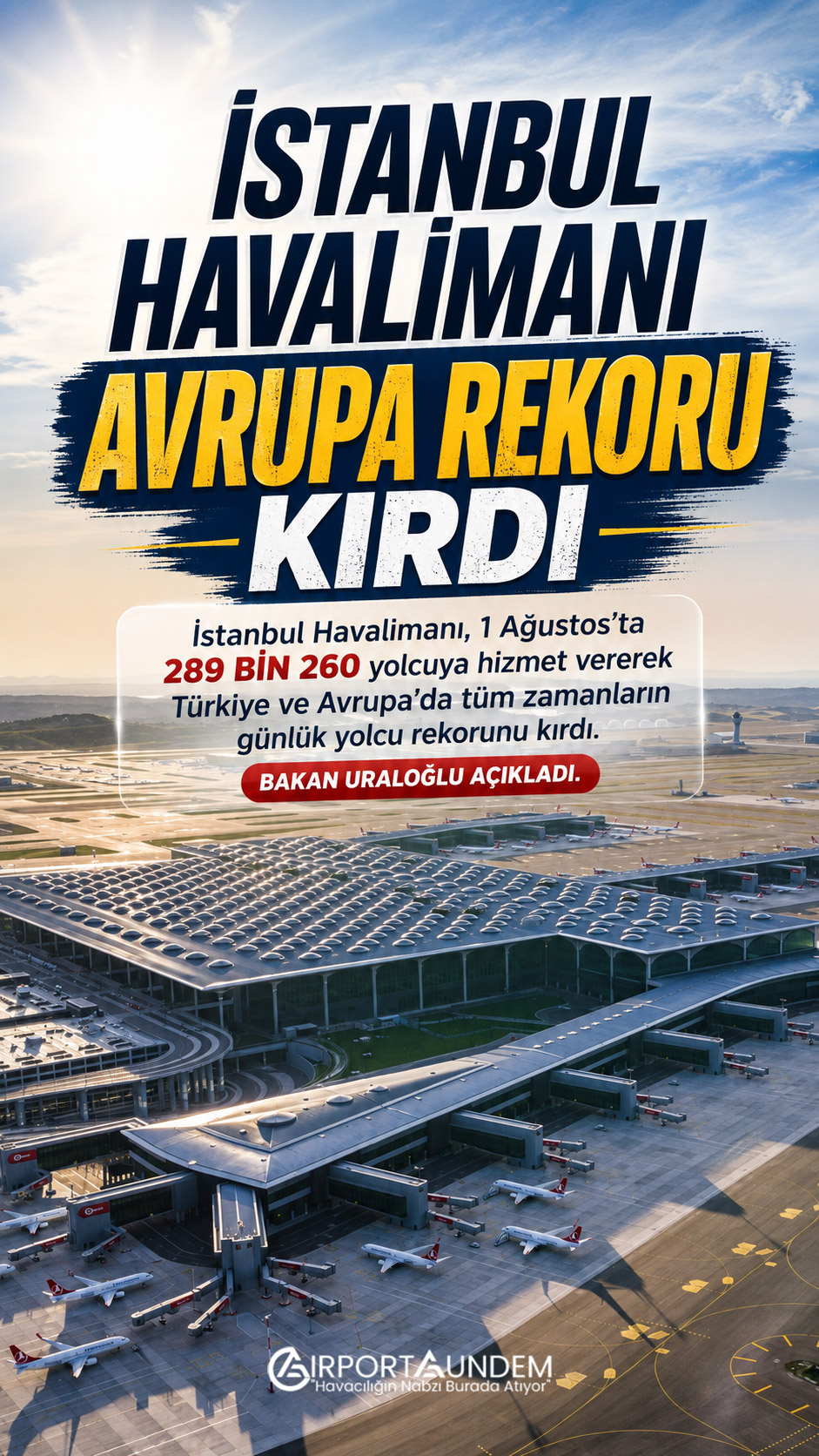 İstanbul Havalimanı’nın 289 bin 260 yolcuyla Türkiye ve Avrupa günlük yolcu rekorunu kırması