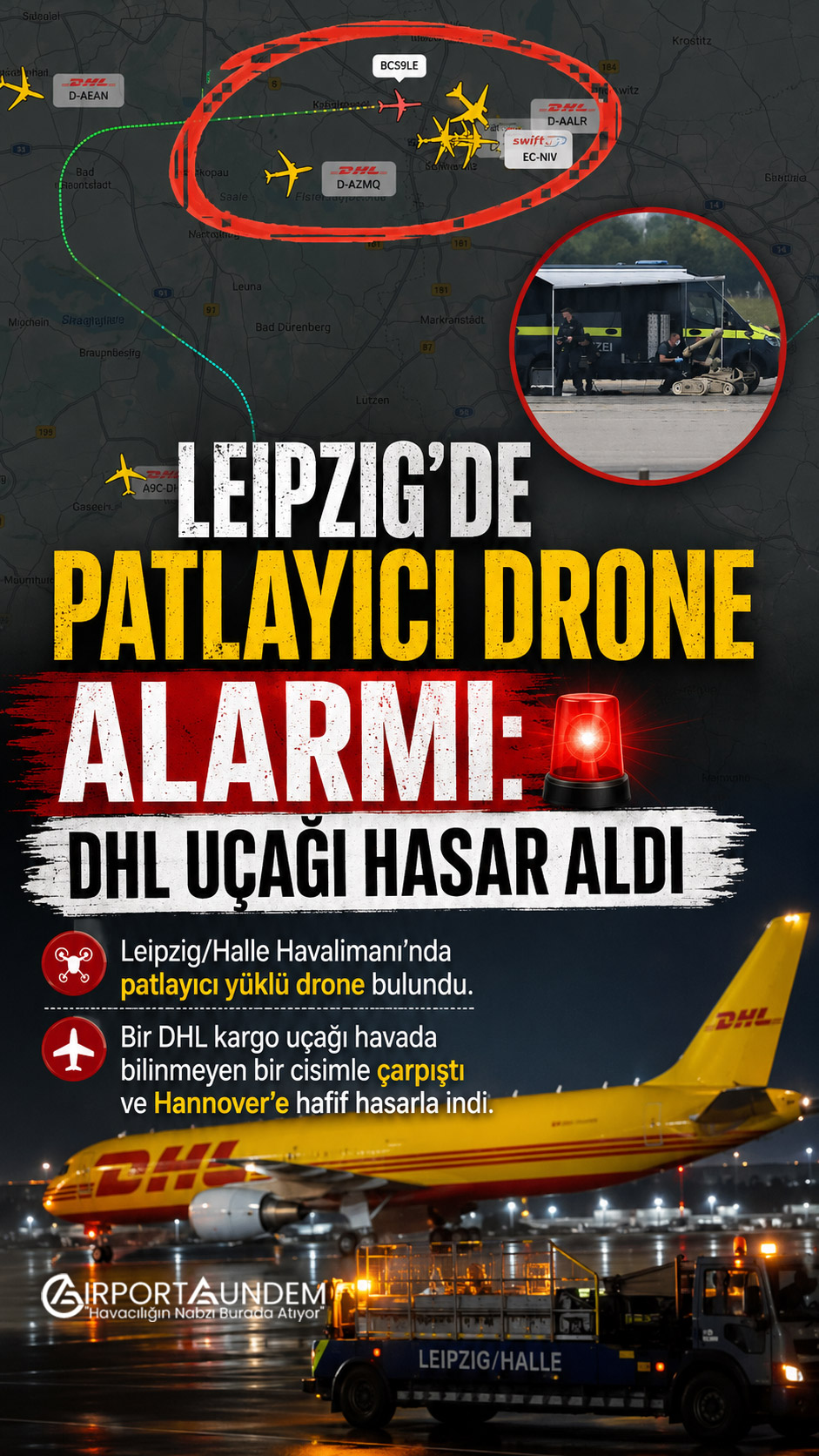 Leipzig/Halle Havalimanı’nda bulunan patlayıcı düzenek taşıyan drone ve güvenlik ekipleri