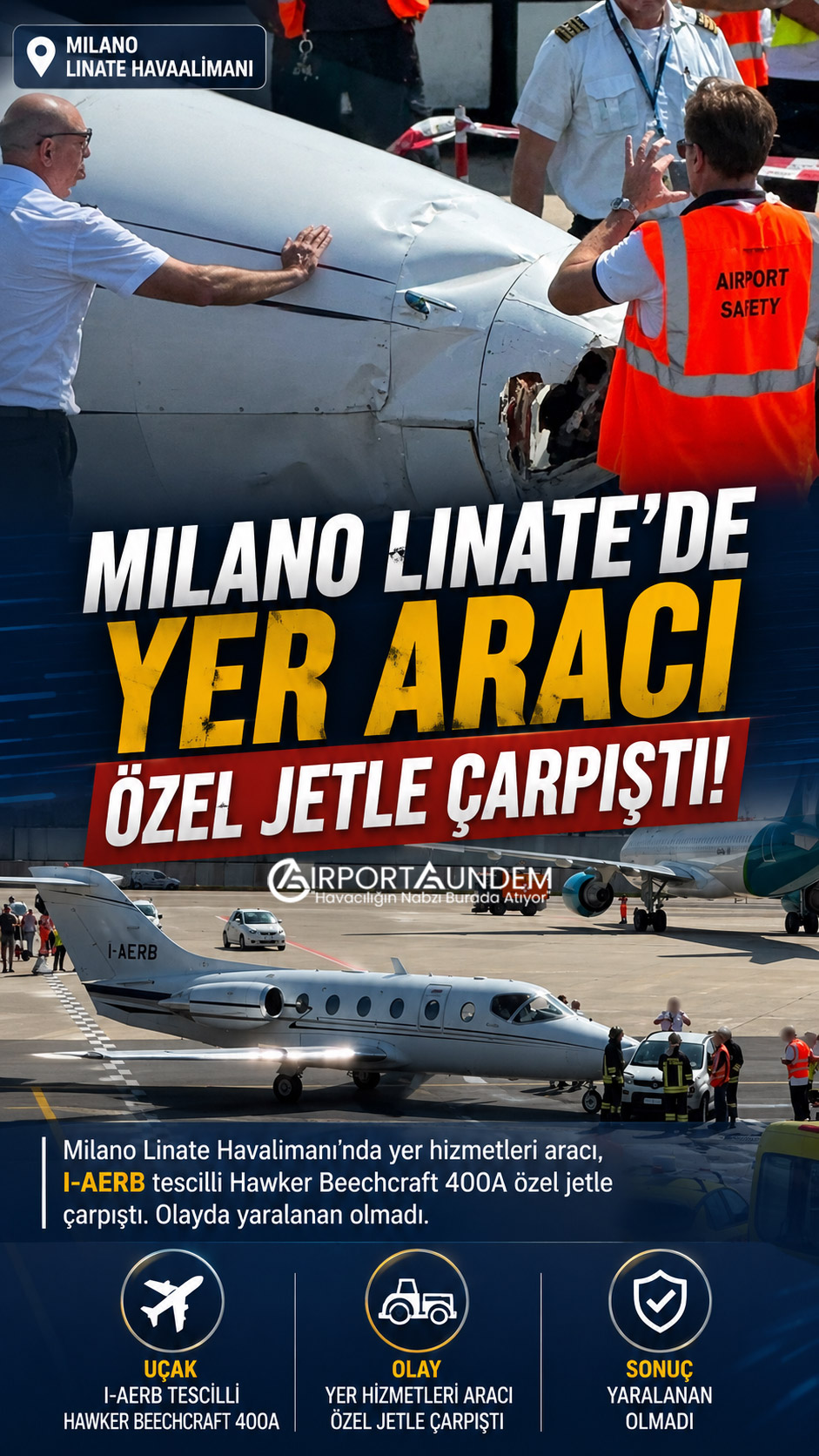 Milano Linate’de Yer Aracı Özel Jetle Çarpıştı 2 Havacılık Haberleri Özel Jet Milano Linate Havalimanı’nda yer aracının Hawker Beechcraft 400A özel jetle çarpışması