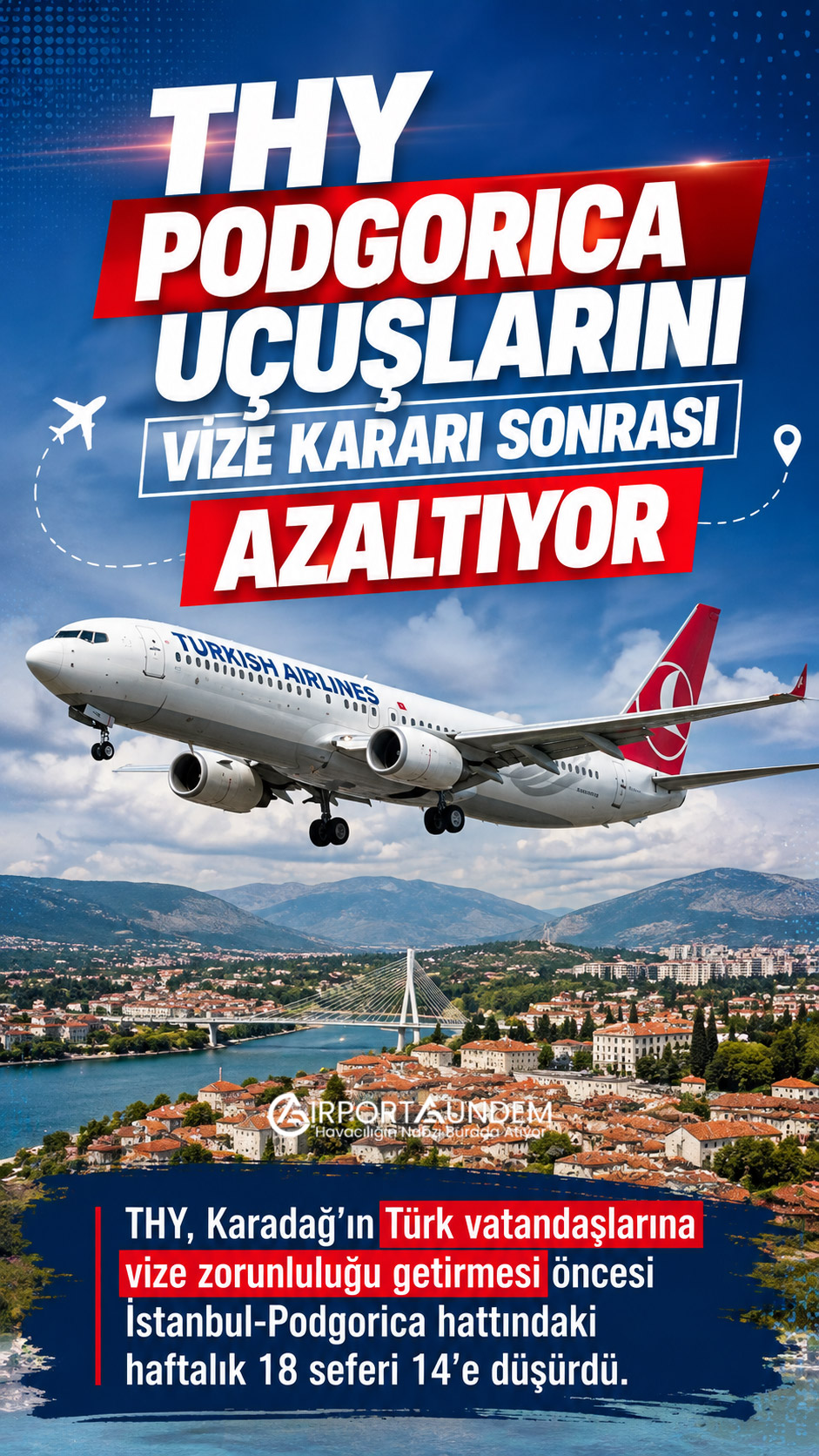 Türk Hava Yolları’nın İstanbul-Podgorica seferlerinde Karadağ’ın vize kararı sonrası yaptığı frekans azaltımı