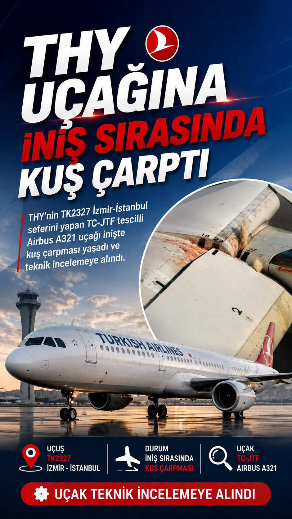 THY Uçağına İniş Sırasında Kuş Çarptı 1 Türk Hava Yolları Haberleri THY THY TK2327 İzmir-İstanbul seferini gerçekleştiren Airbus A321 uçağı