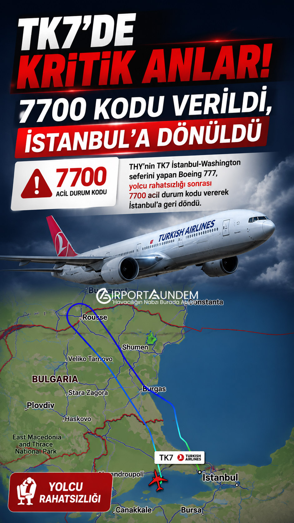 THY TK7 İstanbul-Washington seferini yapan TC-JJM tescilli Boeing 777-300ER uçağı