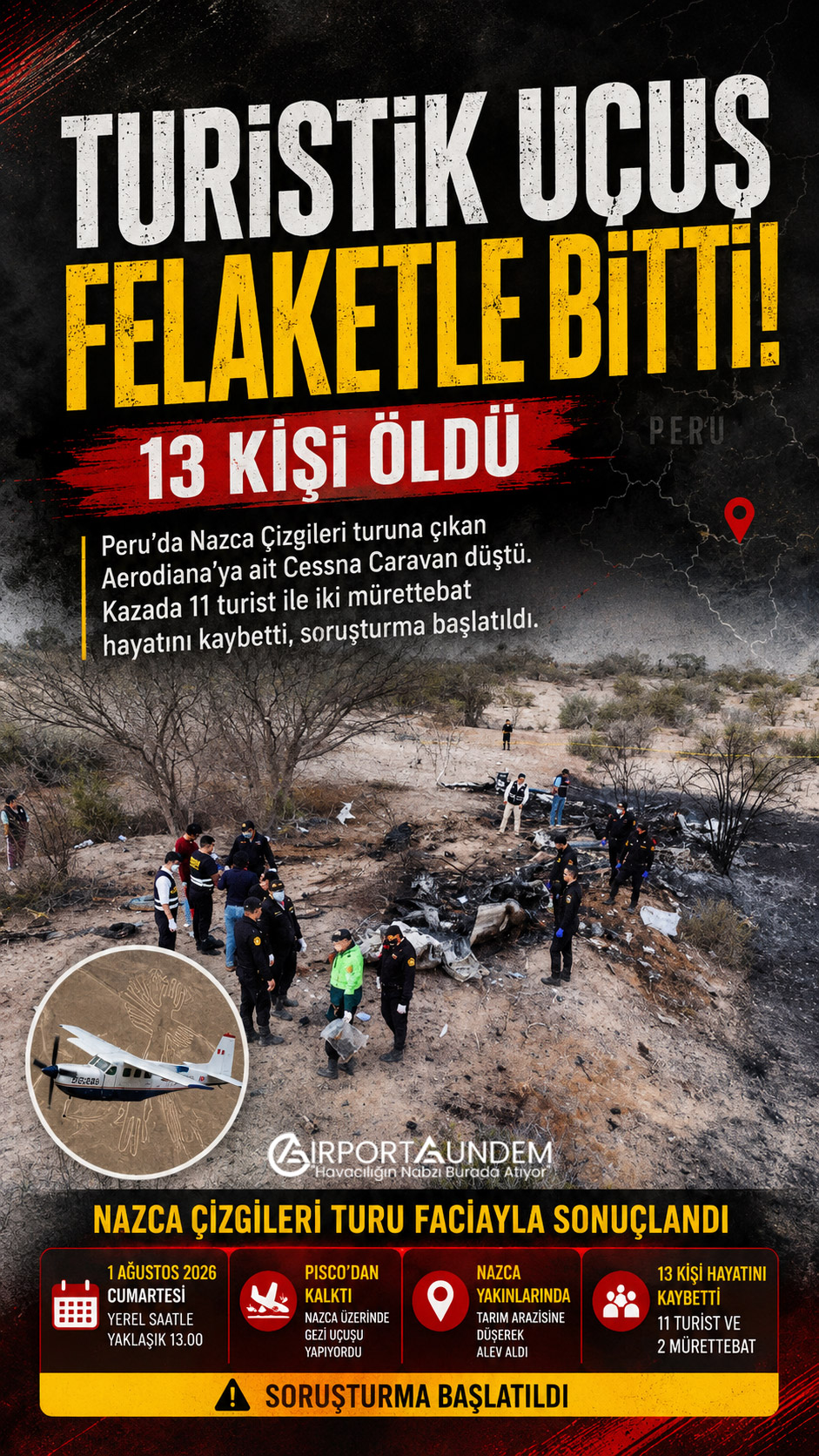 Turistik Uçuş Felaketle Bitti: 13 Kişi Öldü 1 Havacılık Haberleri Uçuş Peru’nun Nazca kenti yakınlarında düşen Aerodiana’ya ait Cessna Caravan turist uçağının kaza bölgesi