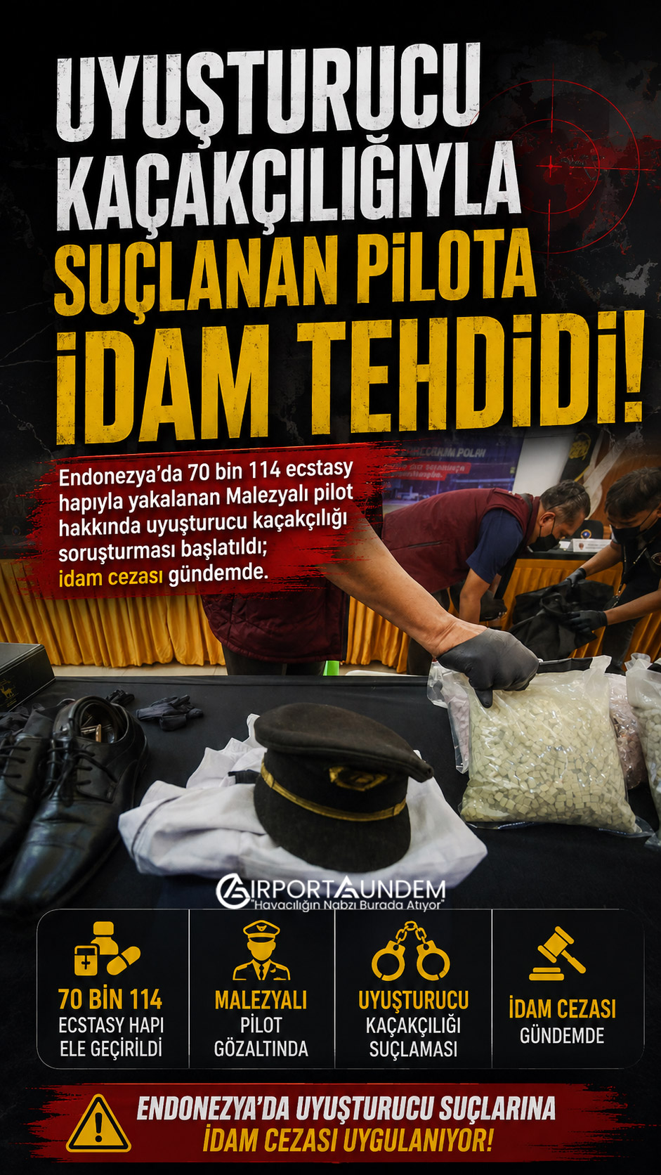 Soekarno-Hatta Havalimanı’nda Malezyalı pilotun bavulundan çıkarılan ecstasy haplarını sergileyen Endonezya polisi