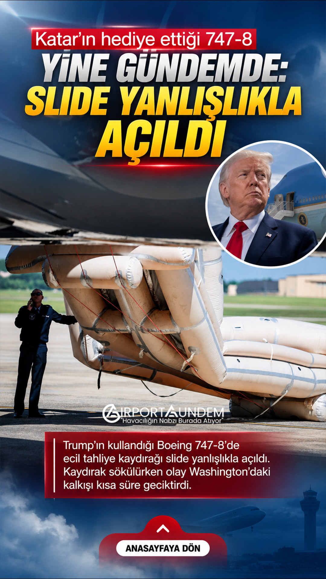 Donald Trump’ın kullandığı Boeing 747-8 Air Force One uçağında acil tahliye kaydırağı yanlışlıkla açıldı
