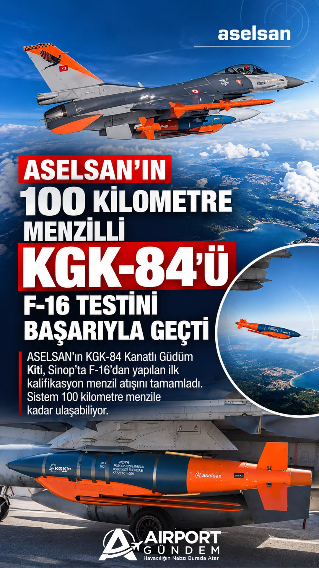 ASELSAN’ın 100 Kilometre Menzilli KGK-84’ü F-16 Testini Başarıyla Geçti